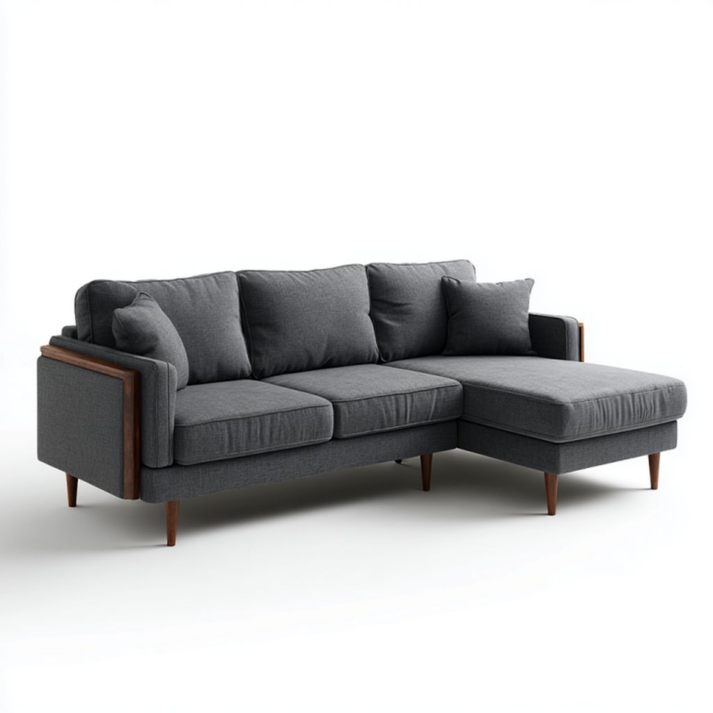 Sofá de esquina en tela gris oscuro con chaise longue derecha, detalles en madera y 2 cojines