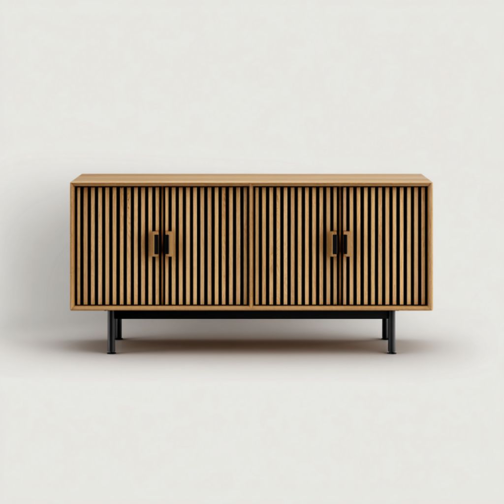 Aparador bajo de roble con puertas estriadas y patas metálicas negras