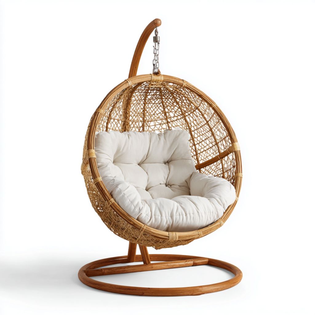 Silla colgante de mimbre elegante, diseño redondo, cojín suave, estructura de madera natural