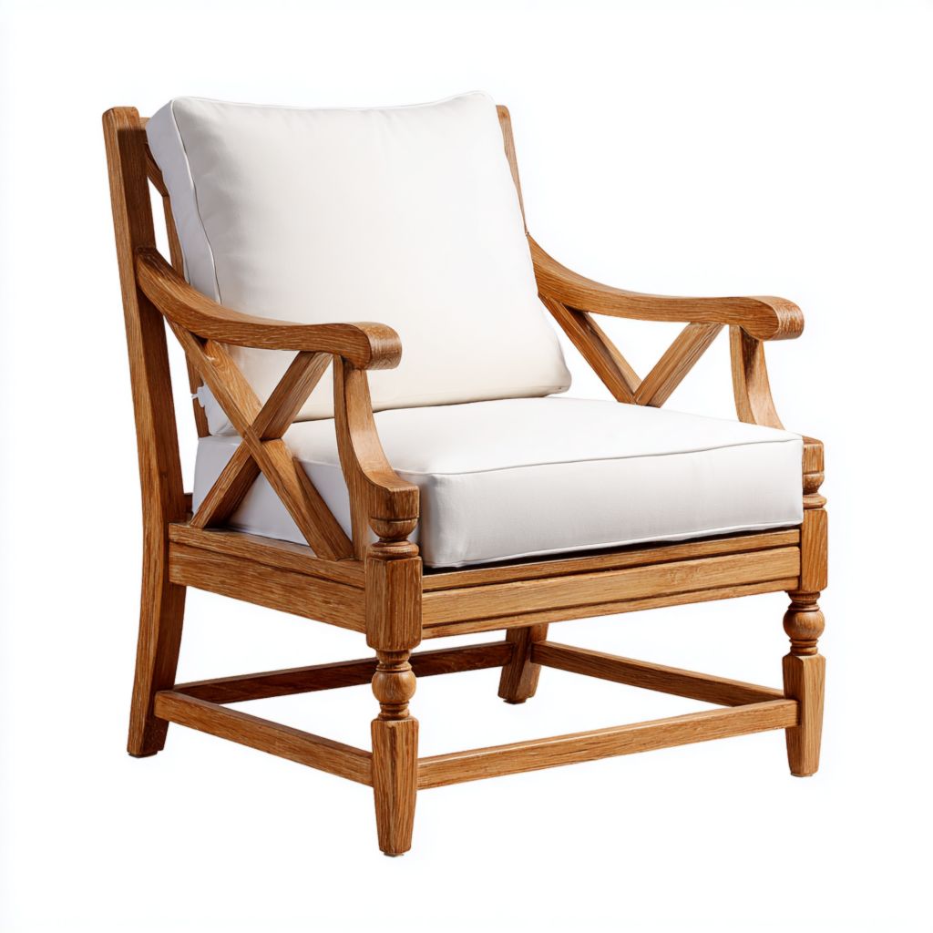 Silla de exterior con reposabrazos de madera y cojín blanco, diseño moderno