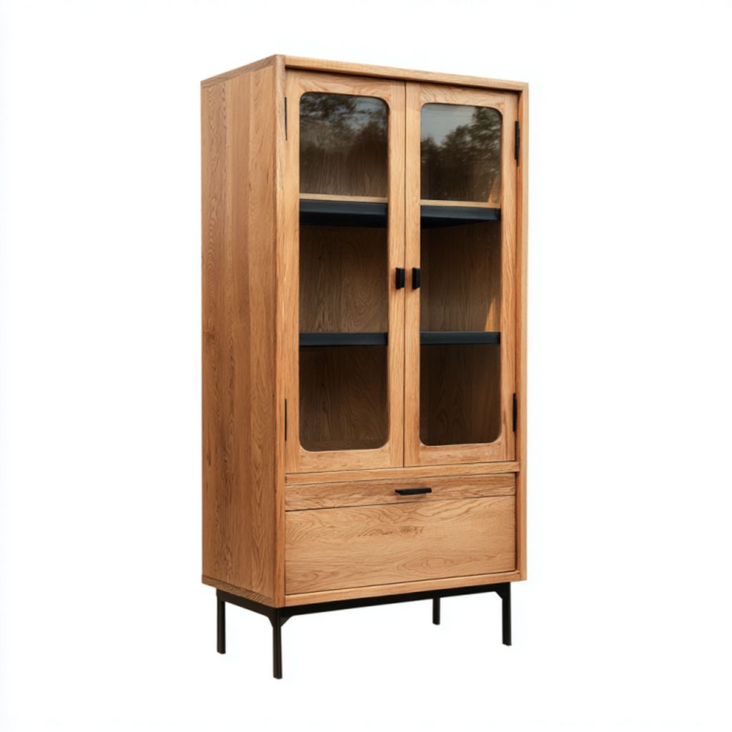 Vitrina alta de roble con puertas de vidrio y cajón inferior sobre patas metálicas negras