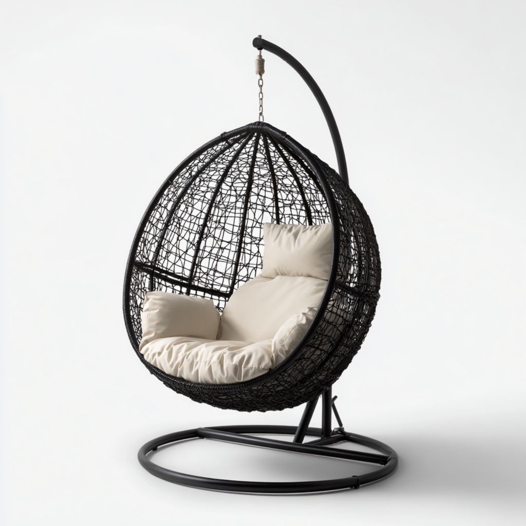 Silla colgante de ratán negro, con cojín beige y almohada, silla de huevo moderna para relajación