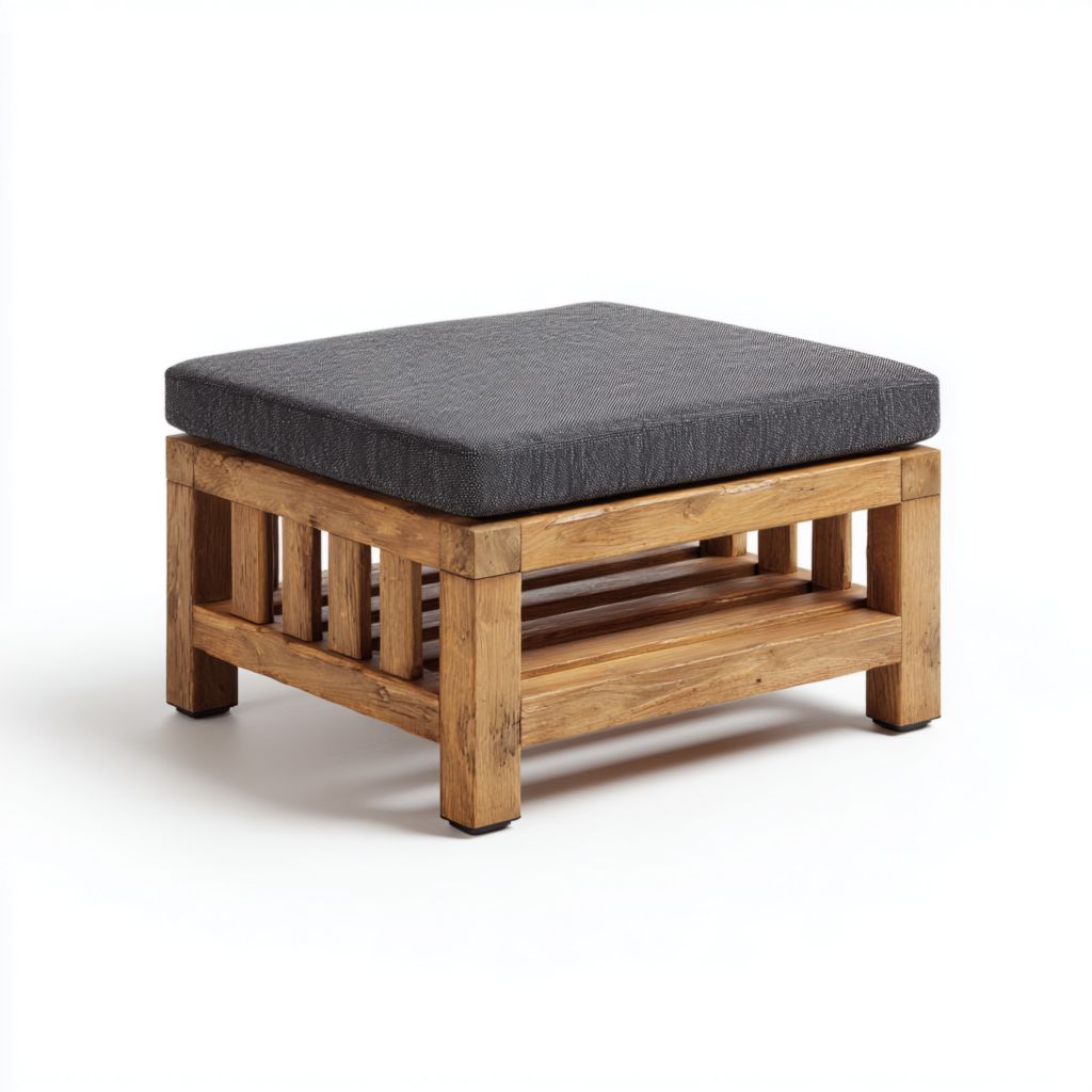 Taburete cuadrado de exterior con estructura de madera y cojín gris oscuro