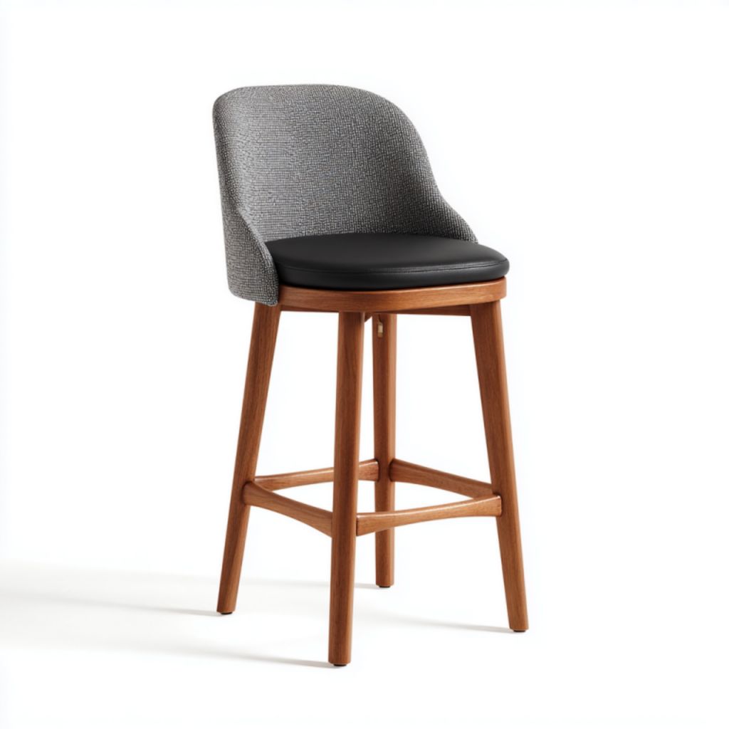 Taburete nórdico alto gris con respaldo, asiento negro y patas color nogal