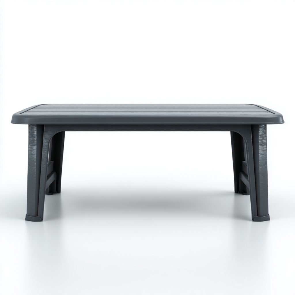 Mesa rectangular de exterior de color gris, diseño moderno y resistente