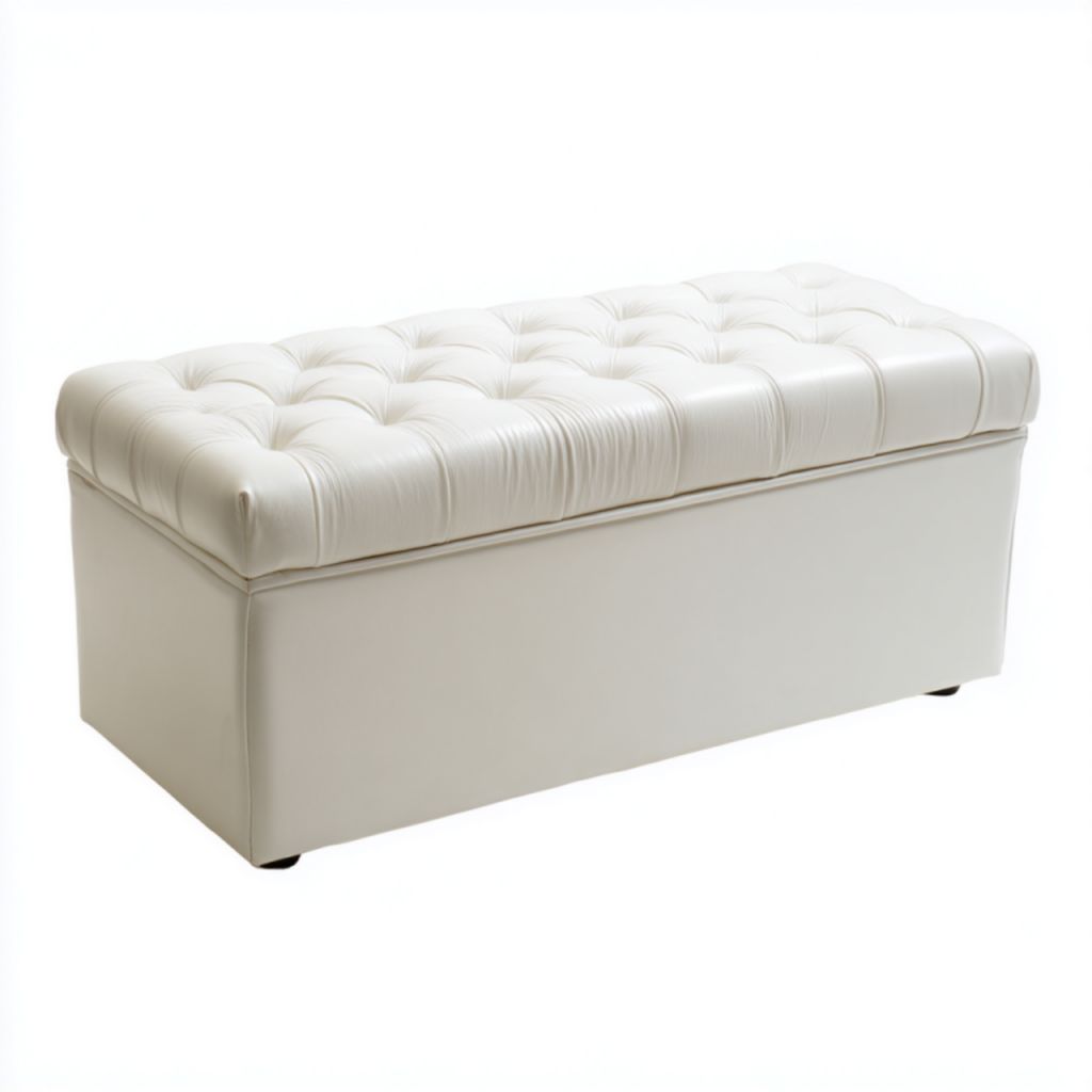 Banco de almacenamiento en polipiel blanca con diseño capitoné