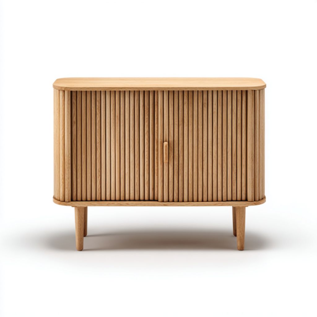 Mueble de TV color roble natural, 2 puertas, diseño de patas altas y esquinas redondeadas