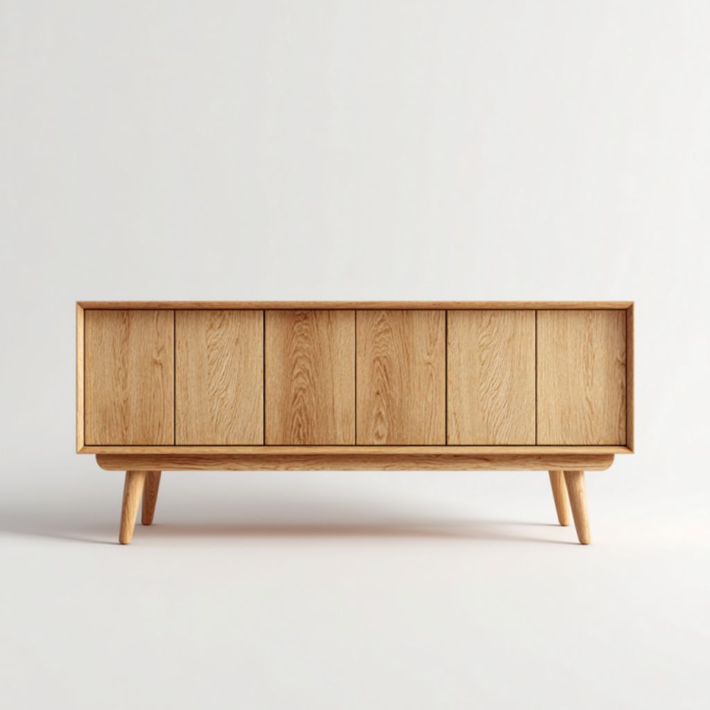 Mueble de TV de madera maciza, color roble natural, 3 puertas, patas altas