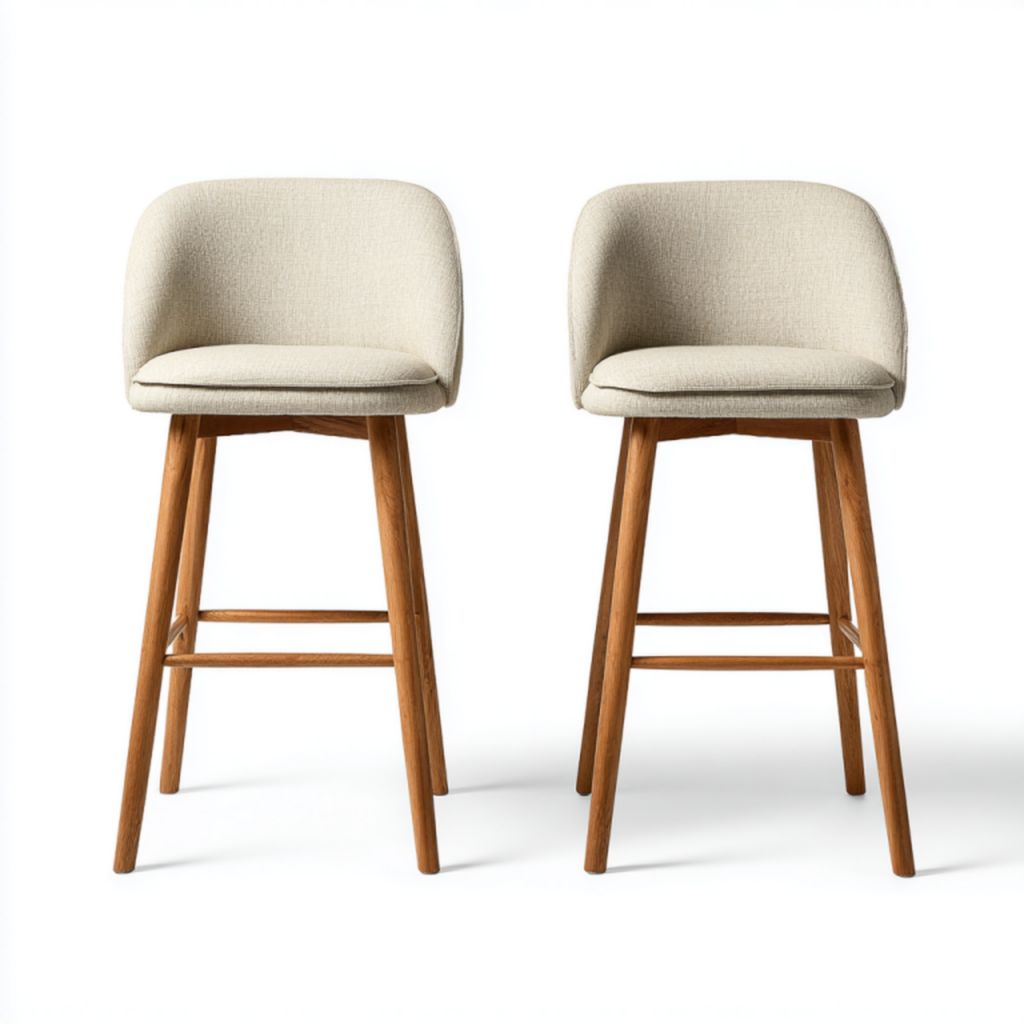 Juego de 2 taburetes altos nórdicos tapizados en beige claro con patas de madera maciza