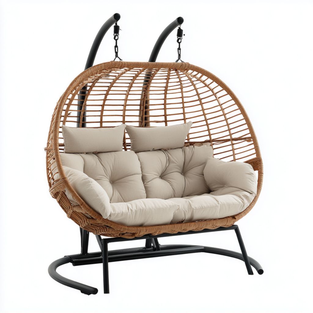 Silla colgante con marco de mimbre, cojín y almohadas, ideal para uso interior y exterior