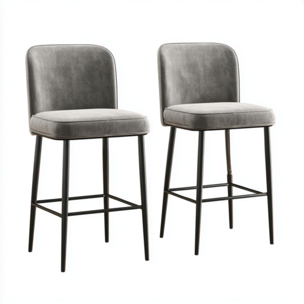 Juego de 2 taburetes altos tapizados en terciopelo gris con estructura metálica negra