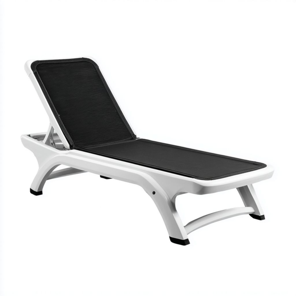 Tumbona de exterior blanca con superficie de malla negra y respaldo ajustable