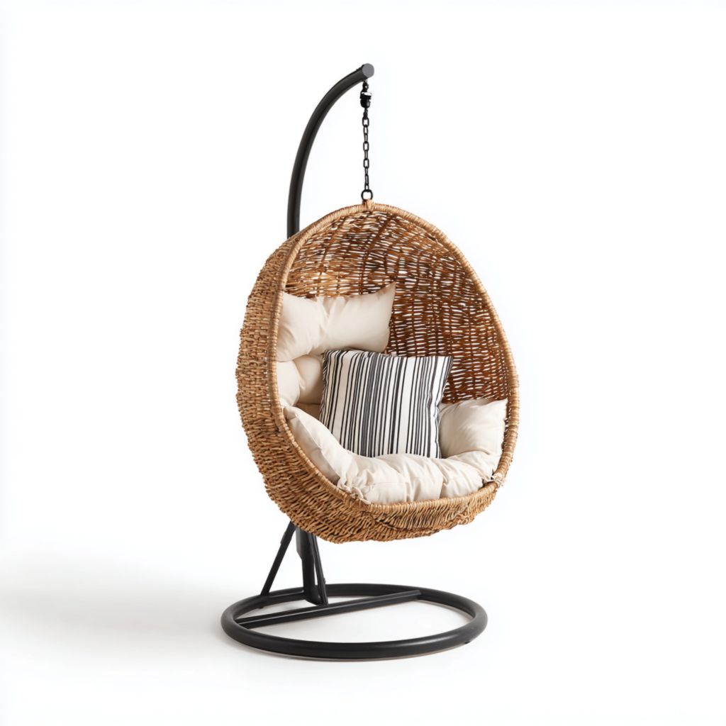 Silla colgante, moderna silla colgante individual de ratán, con cómodos cojines y almohadas, adecuada para uso en interiores y exteriores.