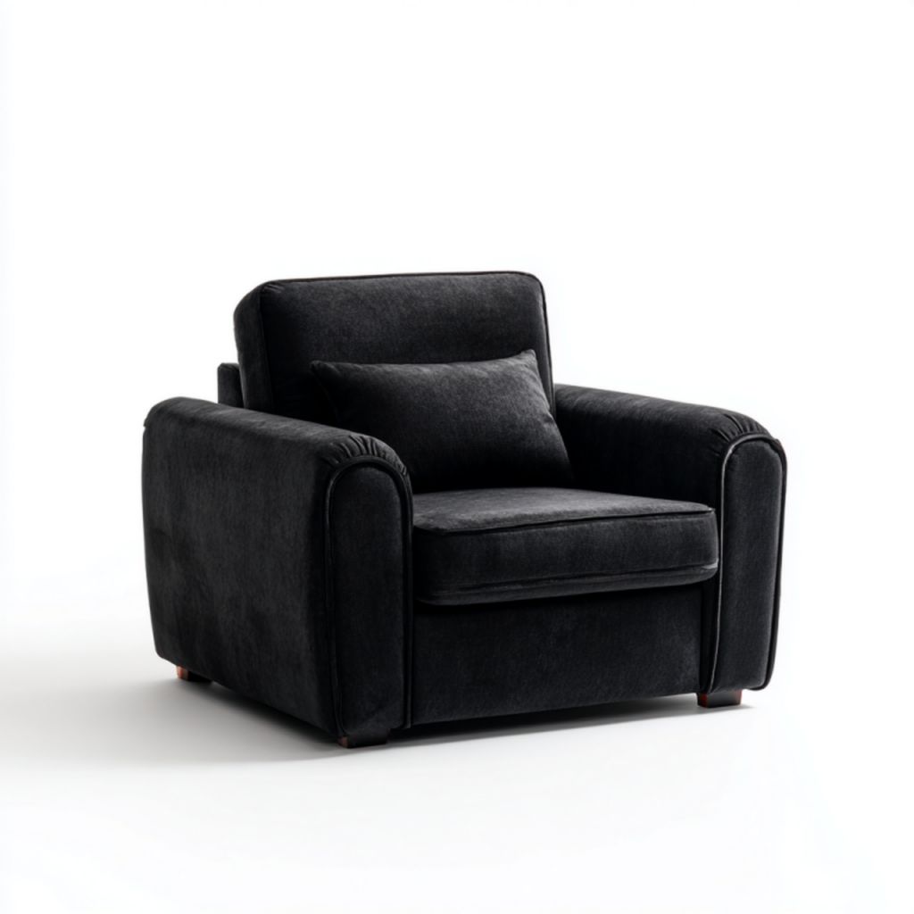 Sillón individual negro de tela con cojín y patas de madera