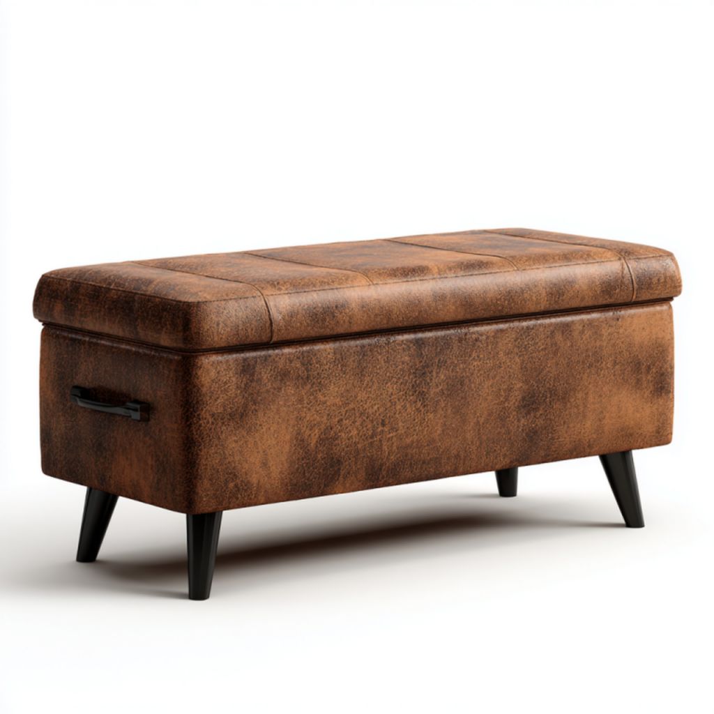 Banco de almacenamiento en cuero sintético marrón vintage con patas de madera