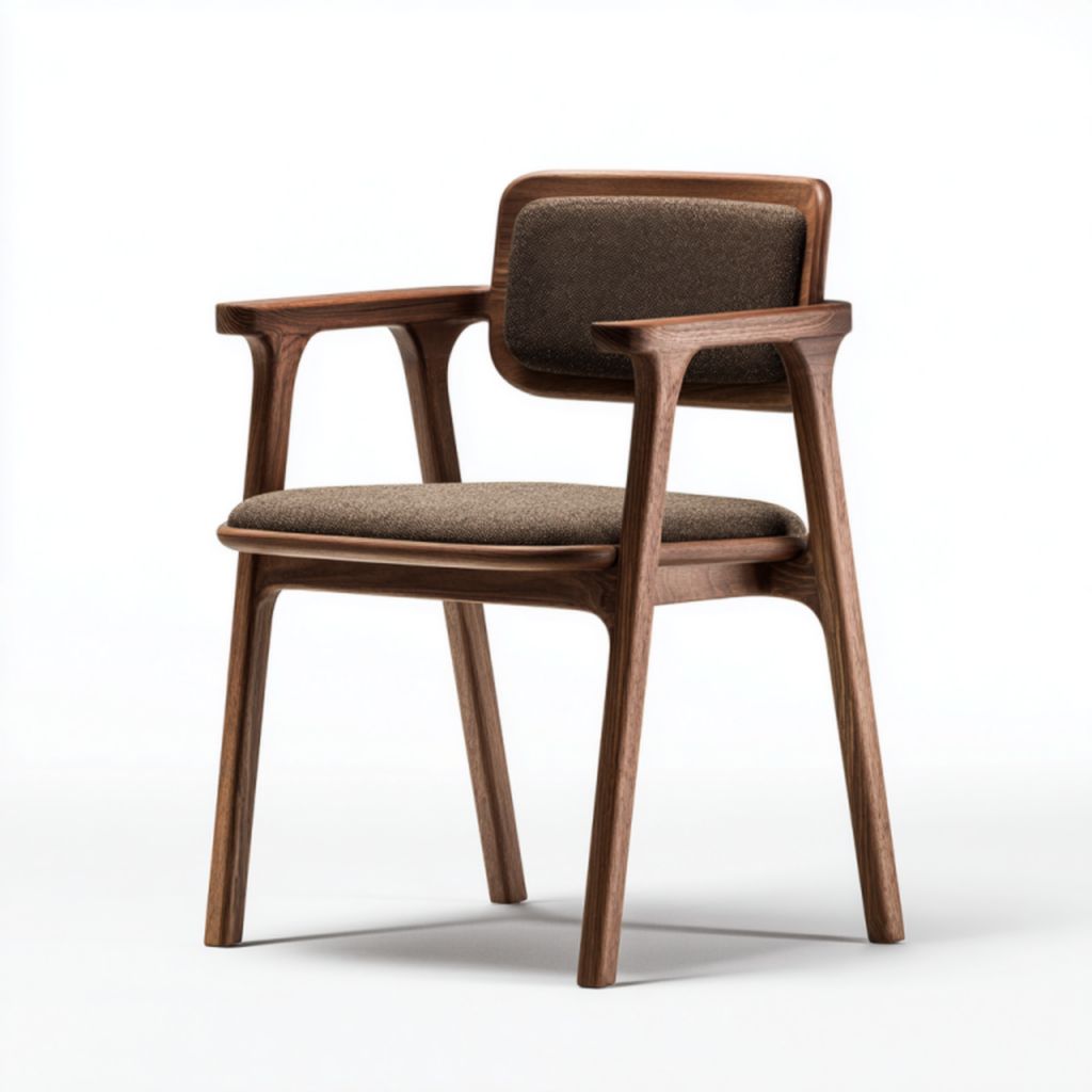 Silla con reposabrazos de madera maciza y tapizado en tela marrón oscuro