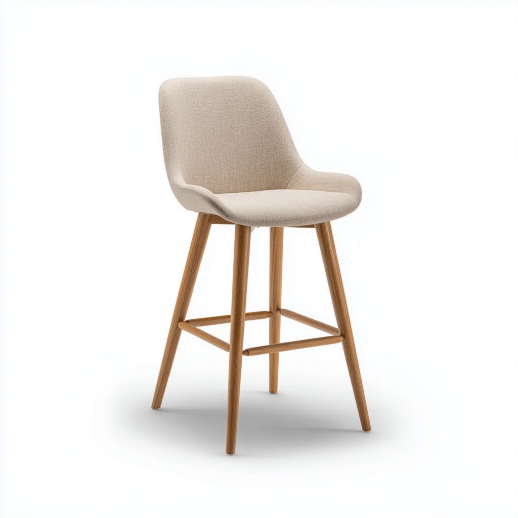 Silla alta de bar estilo nórdico en tela beige claro y patas de madera natural