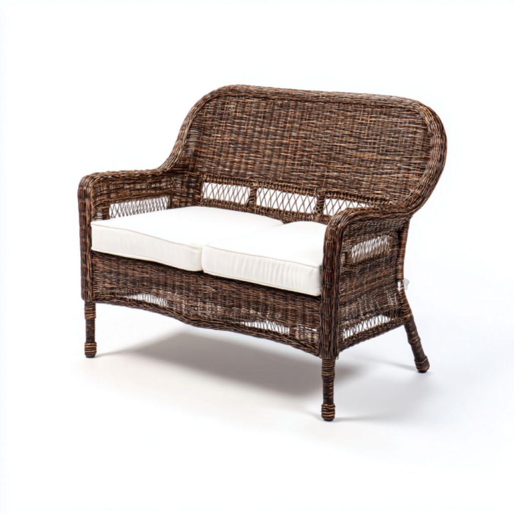 Banco de jardín de ratán sintético marrón con cojines blancos, 2 plazas