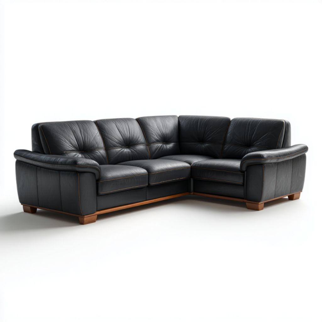 Sofá de esquina negro de piel sintética con base de madera