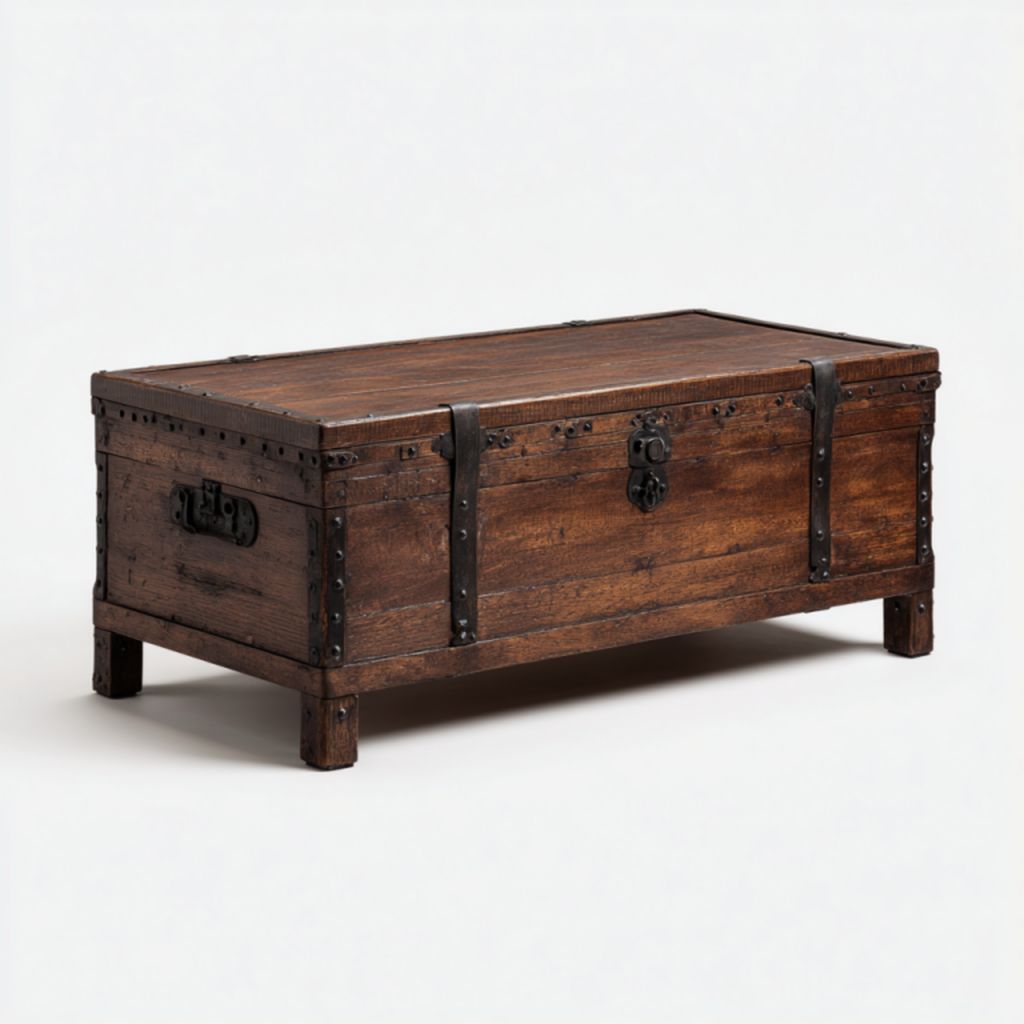 Mesa de centro baúl de madera rústica con herrajes metálicos y cierre