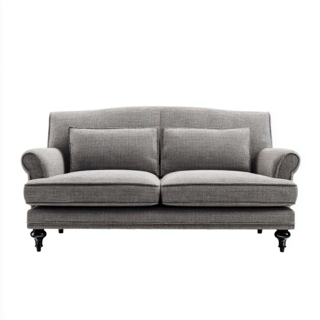 Sofá de 2 plazas gris con cojines rectangulares y reposabrazos enrollados