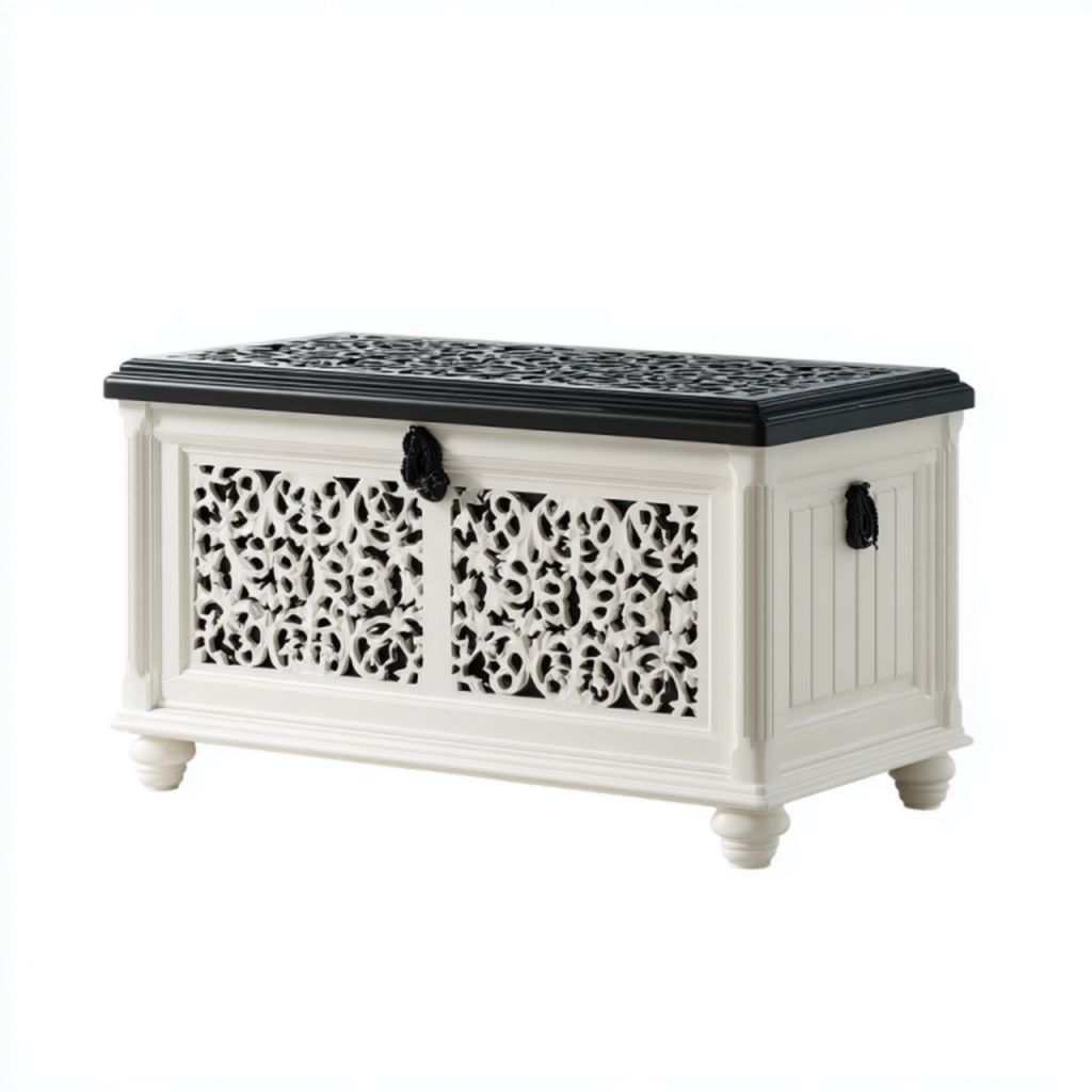 Banco de almacenamiento en cuero sintético marrón vintage con patas de madera