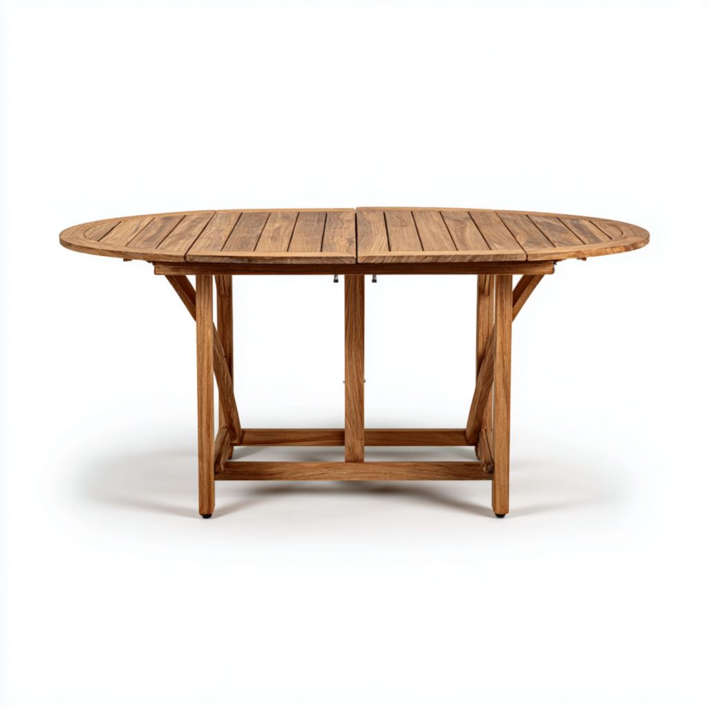 Mesa de comedor exterior redonda extensible de madera natural, diseño elegante y funcional
