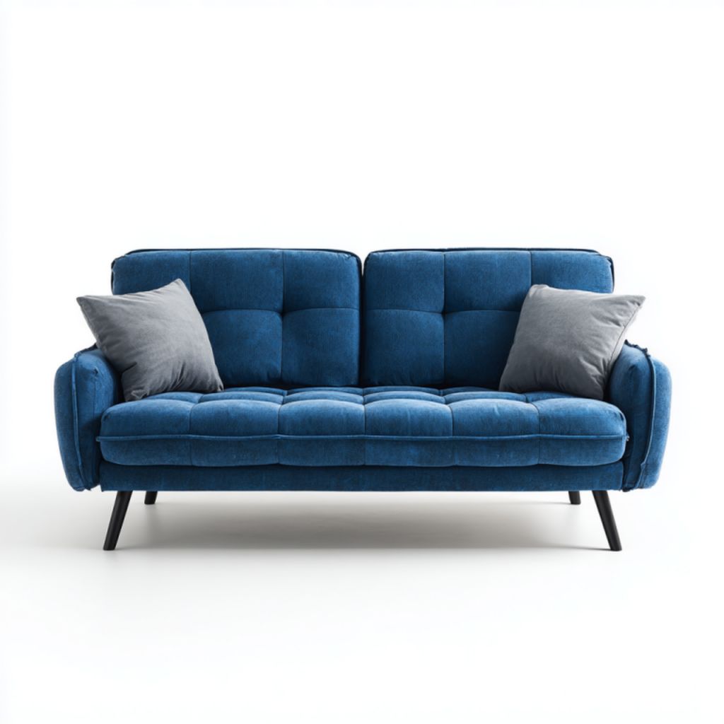 Sofá de 2 plazas azul de tela con 2 cojines grises y patas metálicas
