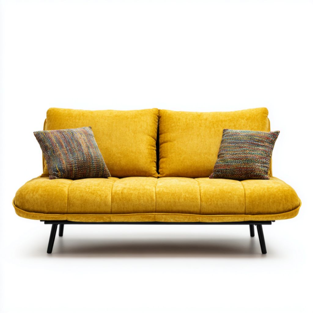 Sofá de 2 plazas amarillo de tela con 2 cojines multicolor y patas metálicas