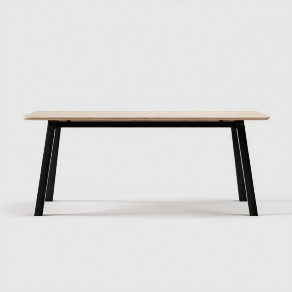 Mesa rectangular con tablero de madera clara y patas metálicas negras