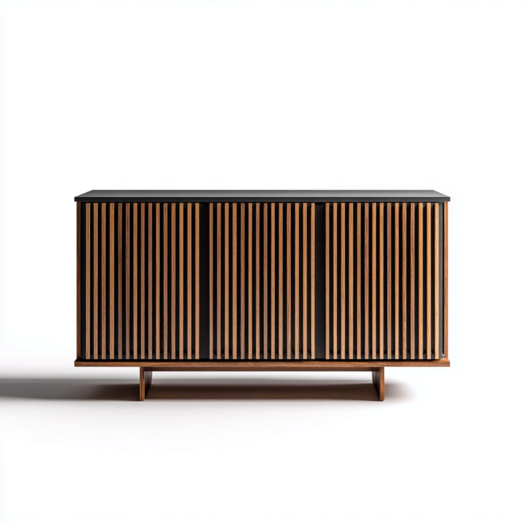 Aparador bajo negro con puertas de listones en madera natural