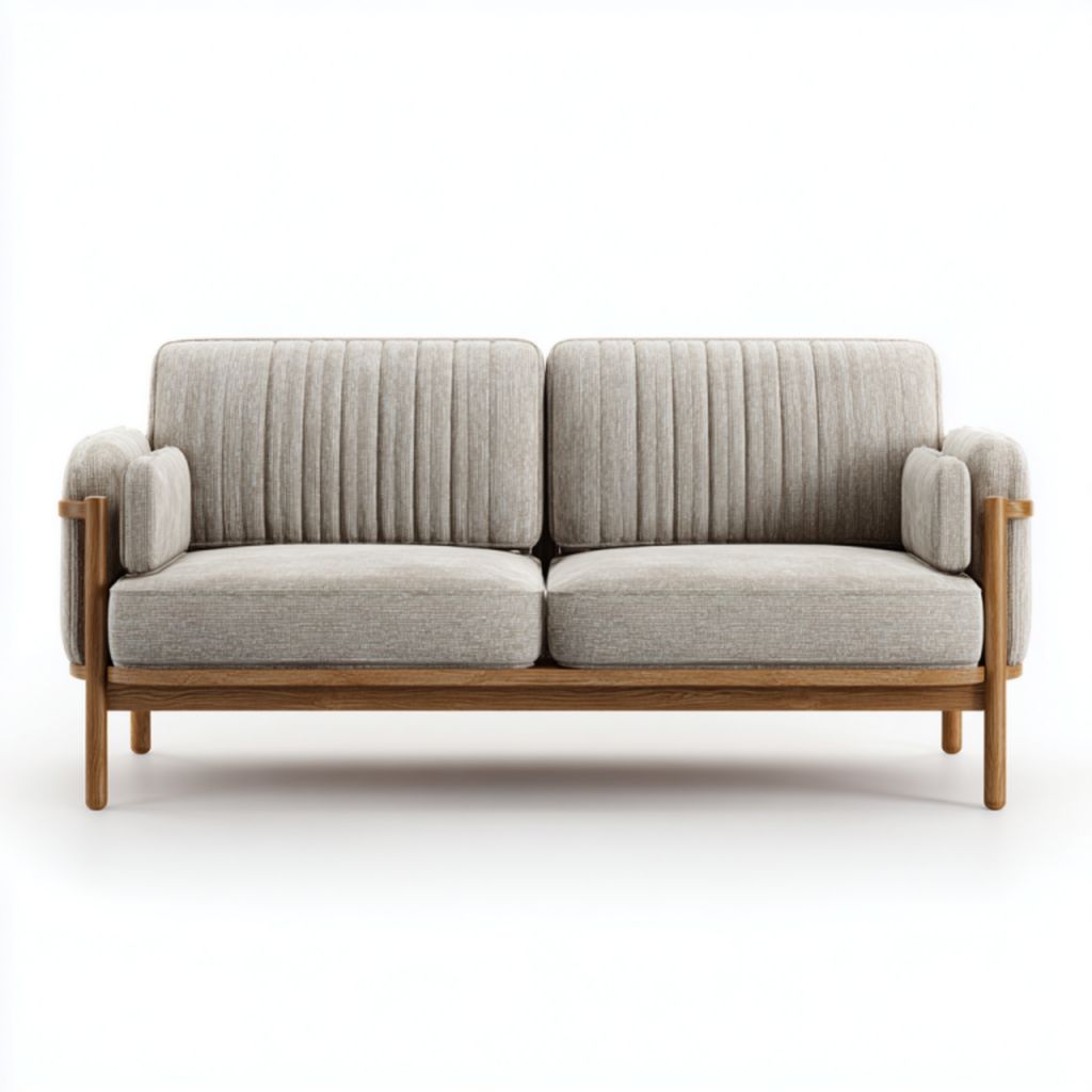 Sofá de 2 plazas gris claro de tela con 2 cojines de brazo y estructura de madera