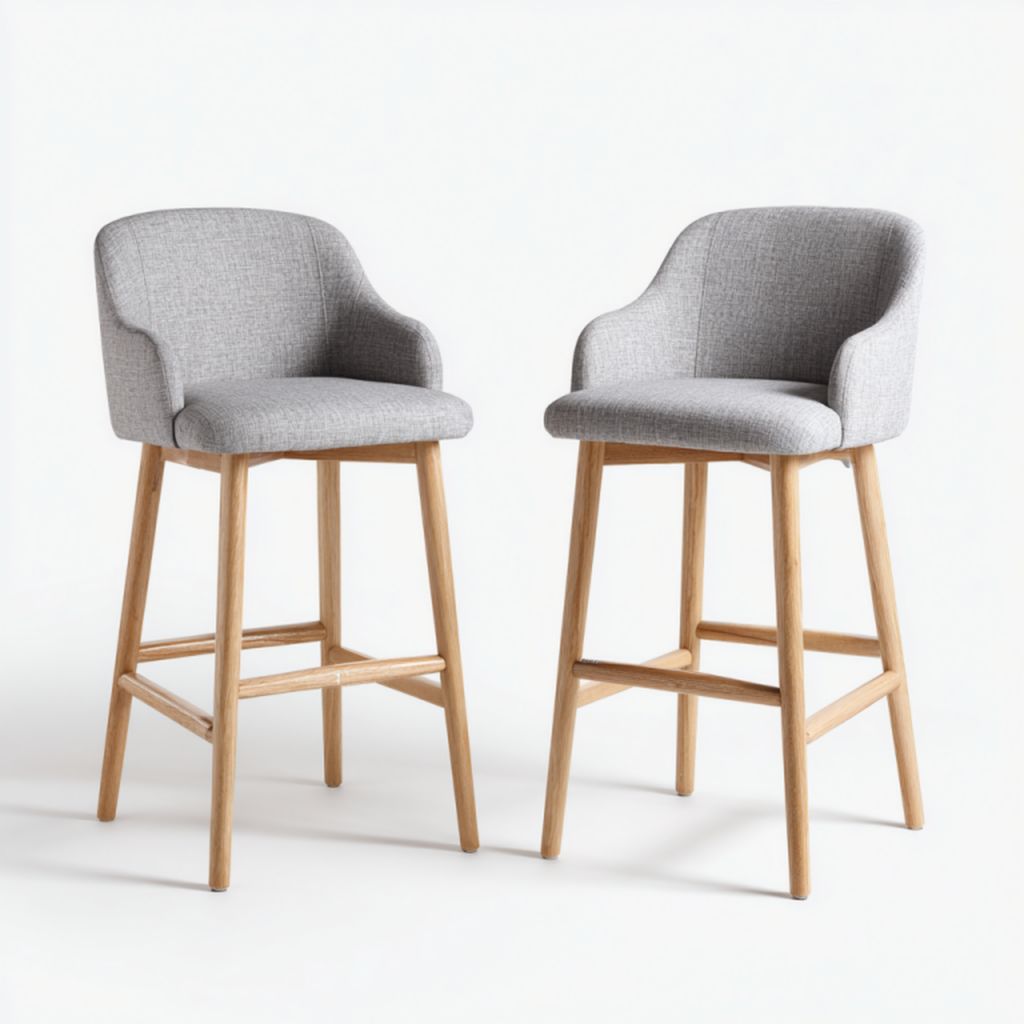 Juego de 2 taburetes nórdicos altos gris con respaldo y patas color roble