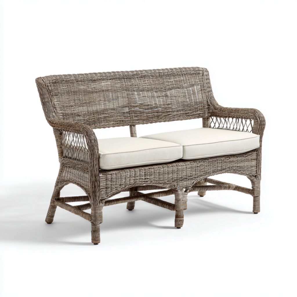 Sofá de Jardín de 2 Plazas de Ratán Sintético Gris con Cojines Blancos