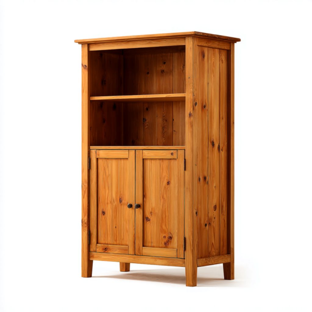 Aparador color madera natural con estante abierto y puertas inferiores