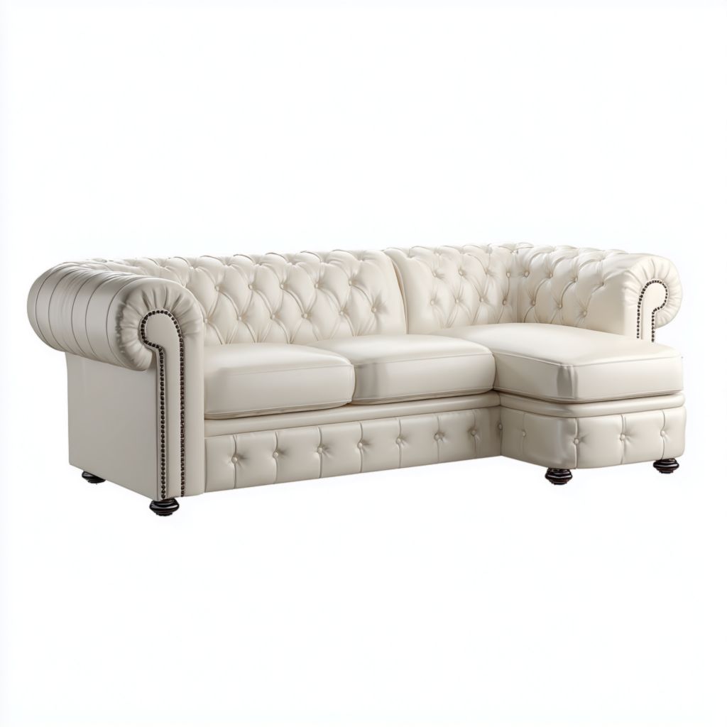 Sofá de esquina Chesterfield en piel sintética color marfil (tres plazas con chaise longue)