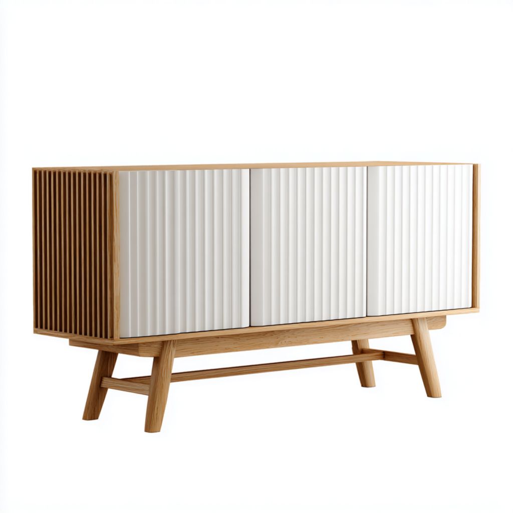 Aparador de madera clara con puertas blancas estriadas, tres compartimentos