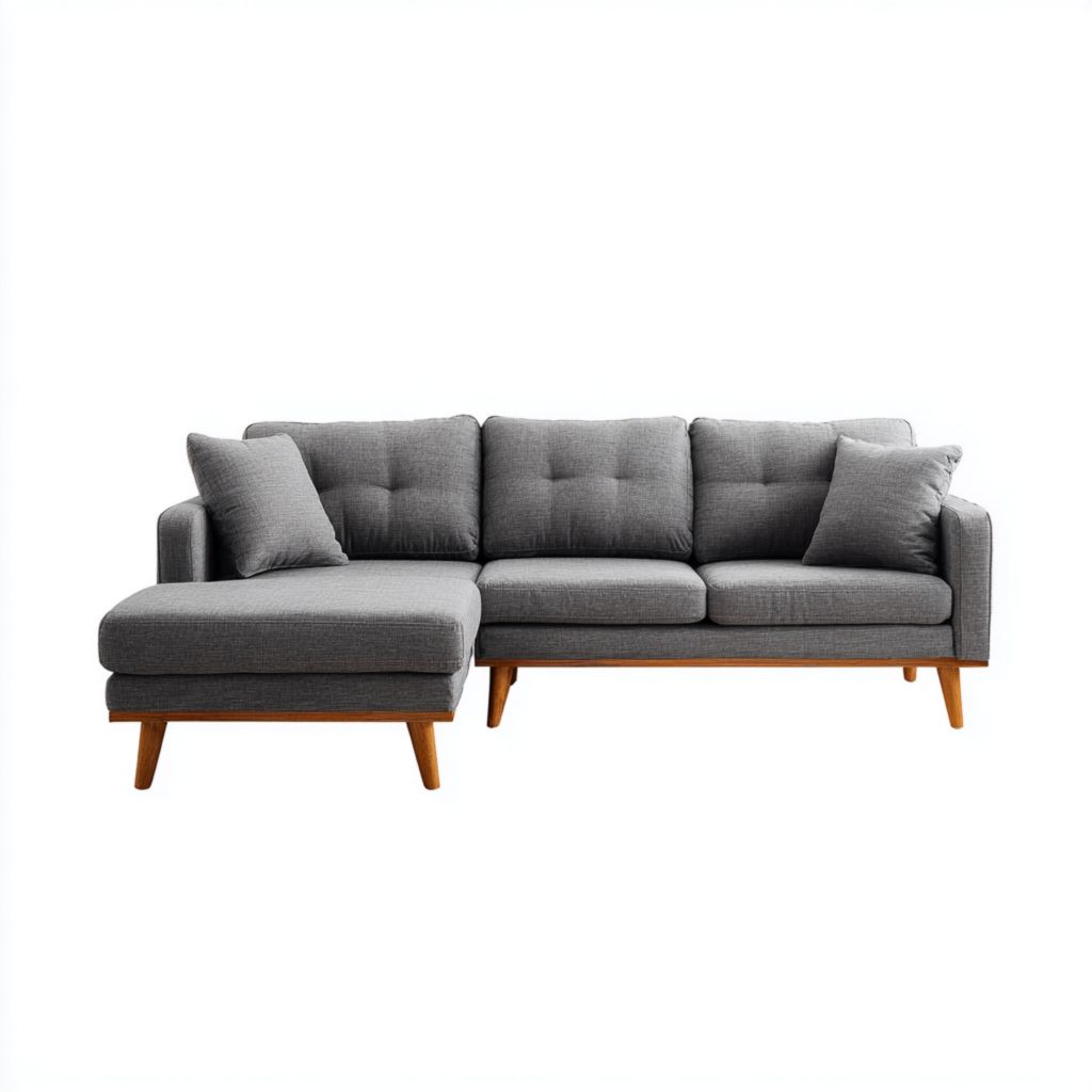 Sofá de esquina gris claro con chaise longue izquierda, patas de madera y 2 cojines