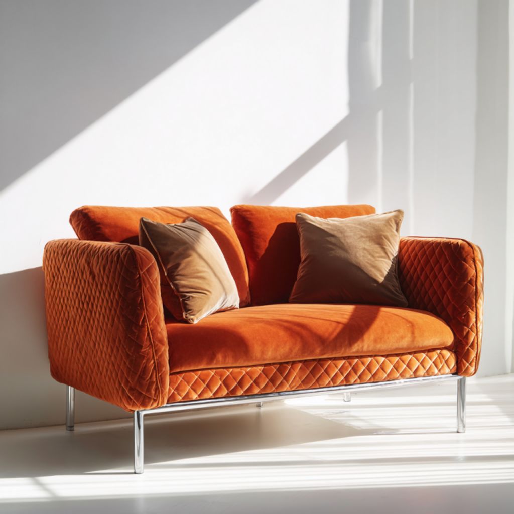 Sofá de 2 plazas naranja de terciopelo con 2 cojines marrones y patas metálicas