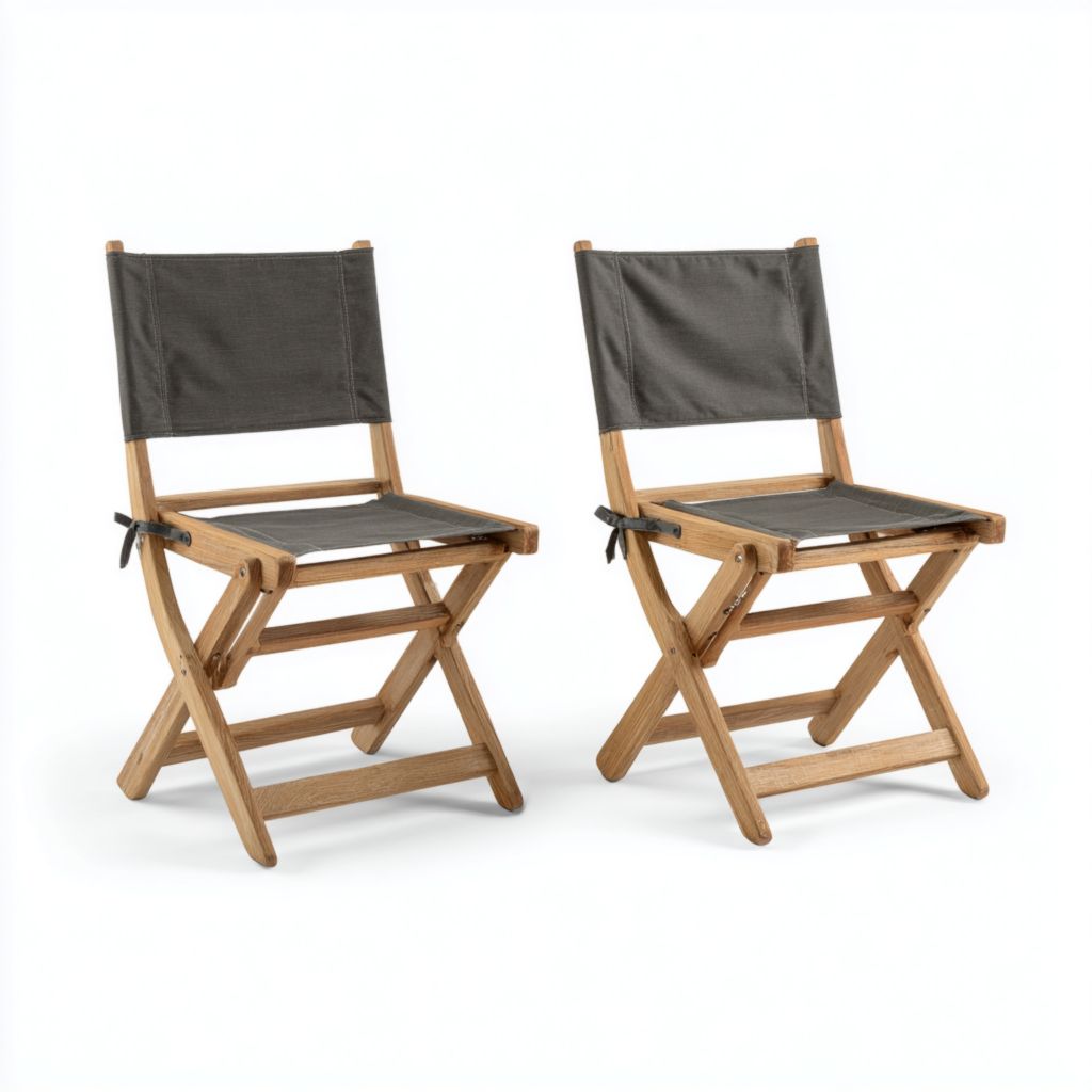 Juego de 2 sillas plegables de madera para exterior con tela gris, diseño cómodo para jardín y terraza