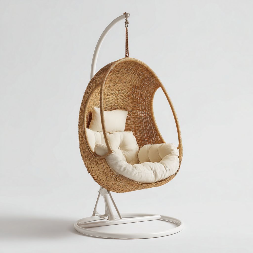 Silla colgante de mimbre con cojín cómodo, estructura metálica blanca, ideal para interiores y exteriores