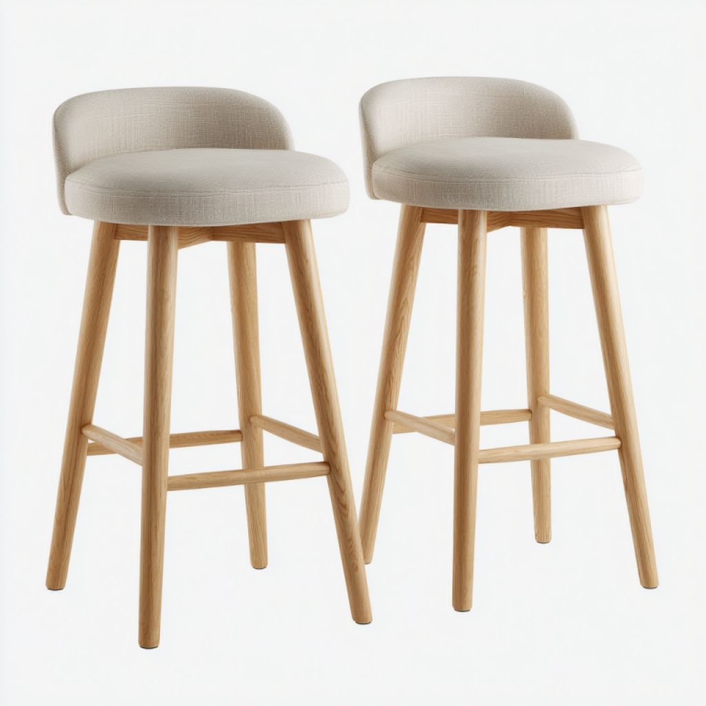 Juego de 2 taburetes altos nórdicos tapizados en beige claro con patas de madera natural