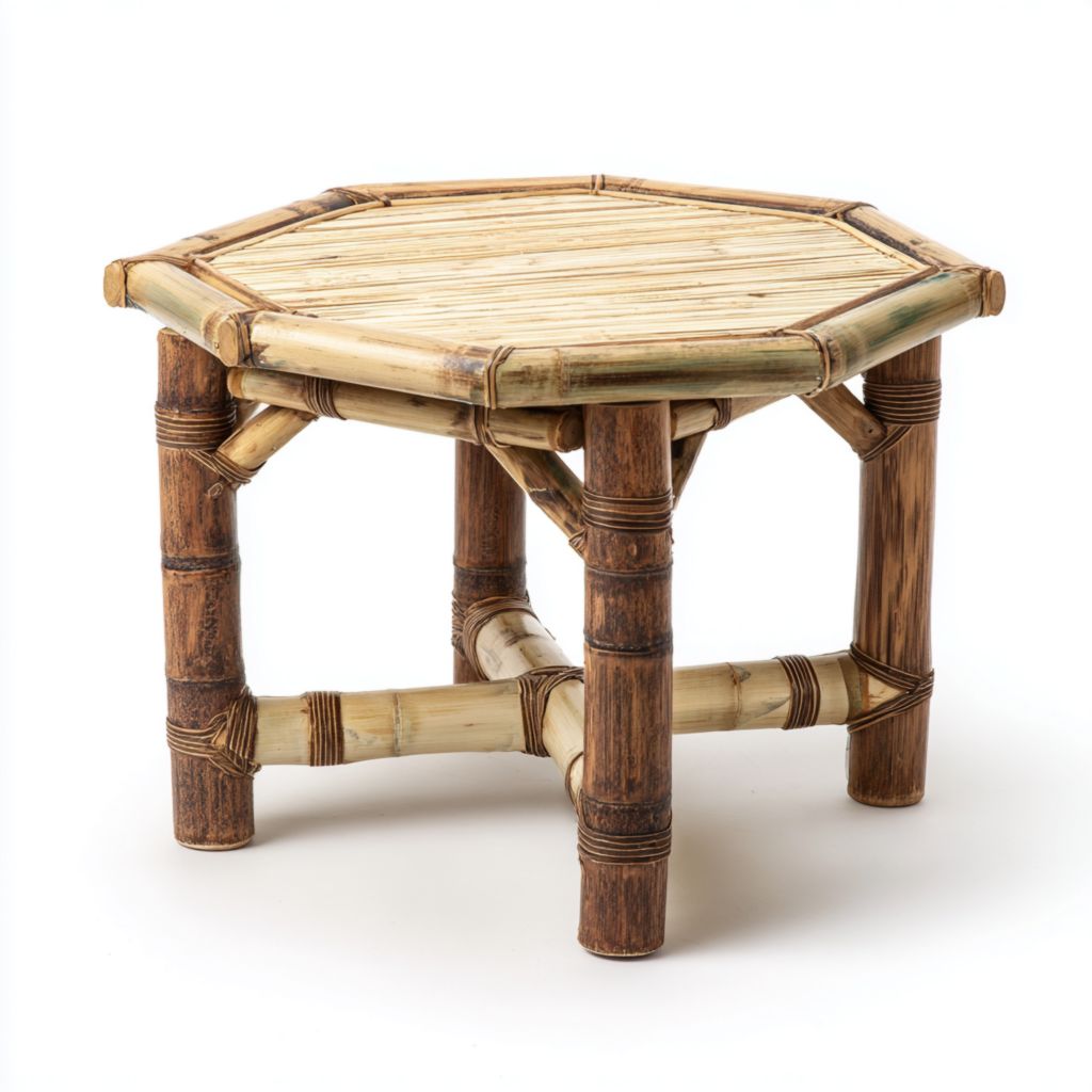 Taburete octagonal para exteriores, estructura de bambú con cojín, diseño moderno y minimalista