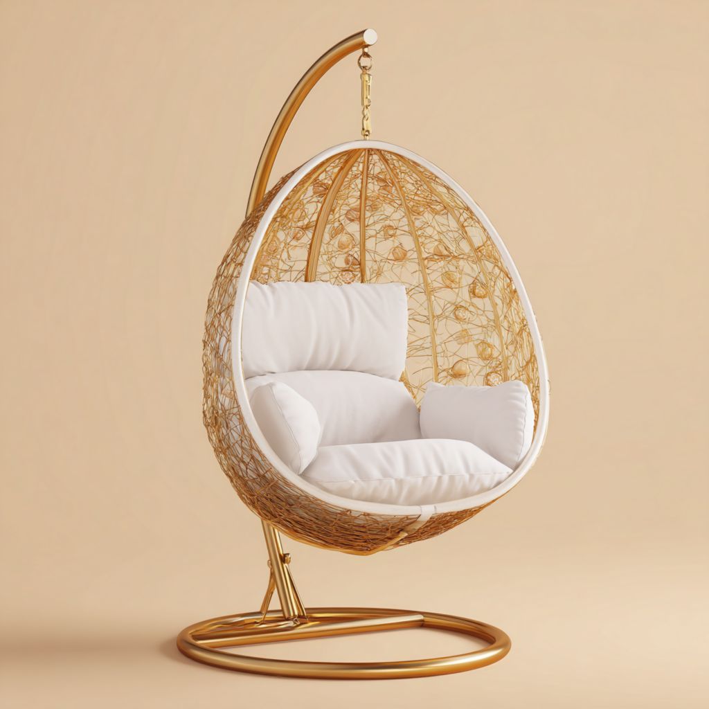 Silla Colgante Moderna de Metal Dorado con Cojines Blancos, Ideal para Interiores