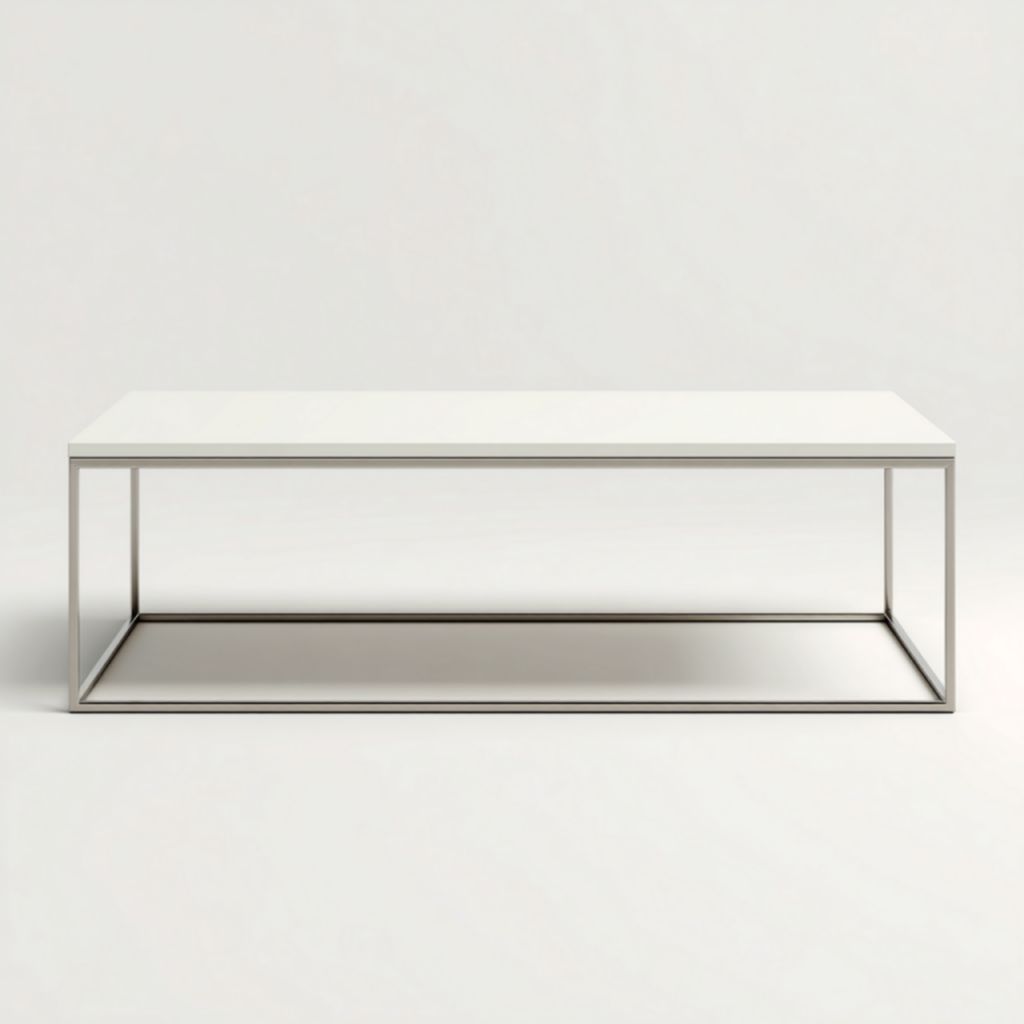 Mesa de centro rectangular blanca con estructura metálica minimalista