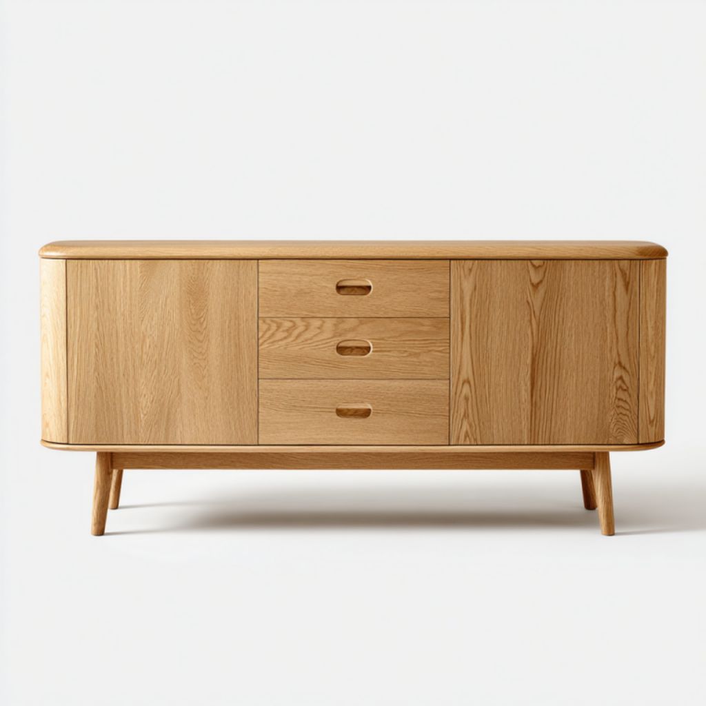 Aparador de roble claro con 2 puertas y 3 cajones, diseño de esquinas redondeadas