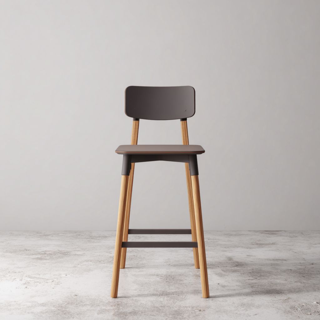 Taburete alto de exterior con asiento y respaldo marrón oscuro y patas de madera clara