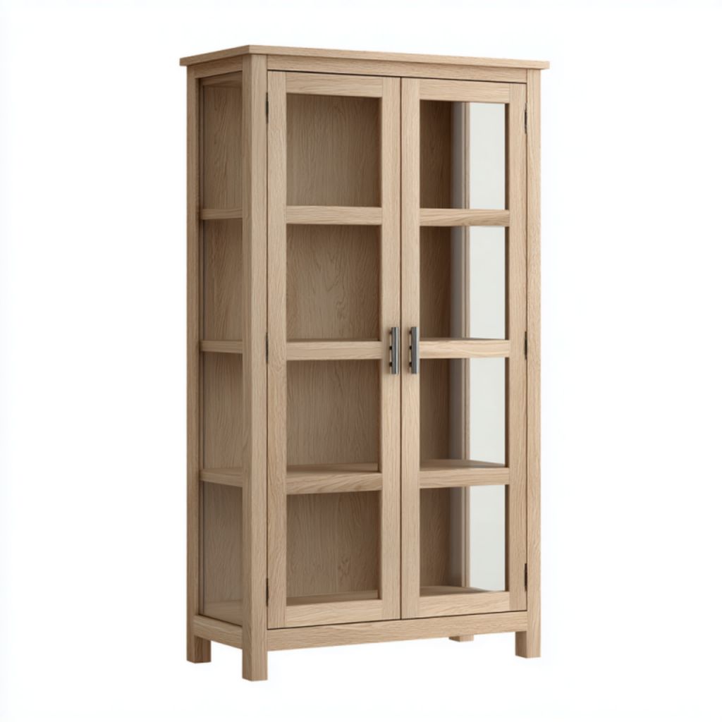 Vitrina color madera natural con 2 puertas de vidrio y estantes interiores