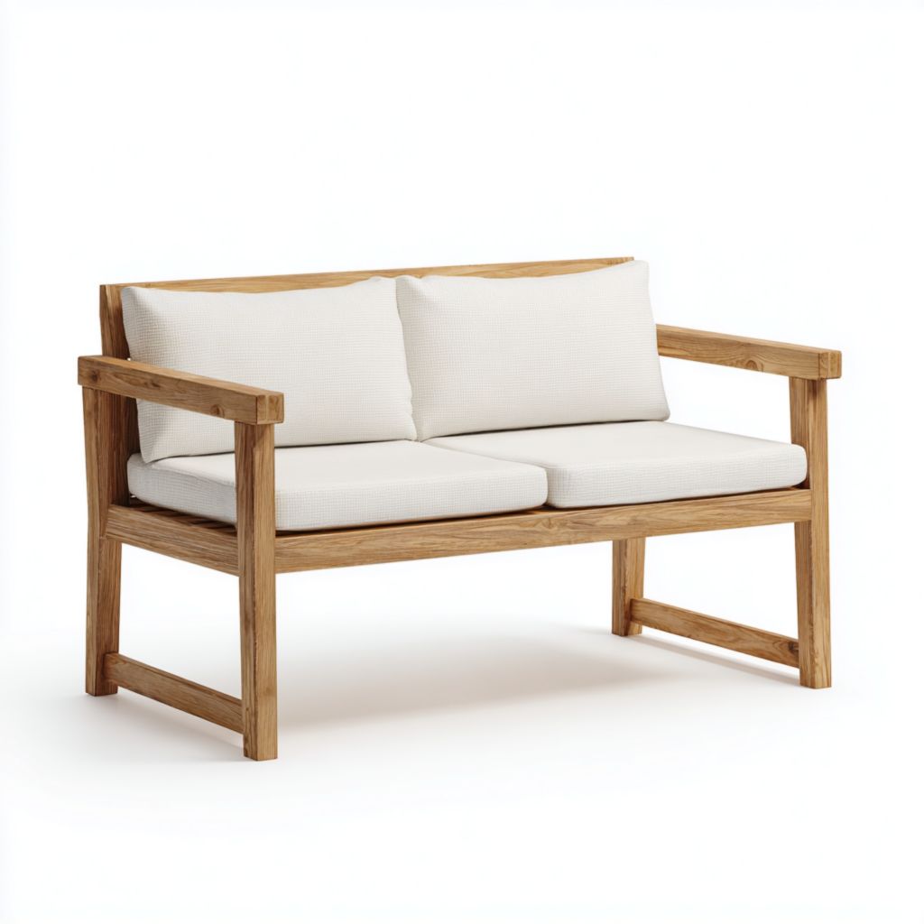 Sofá de Jardín de Teca de 2 Plazas con Cojines Blancos