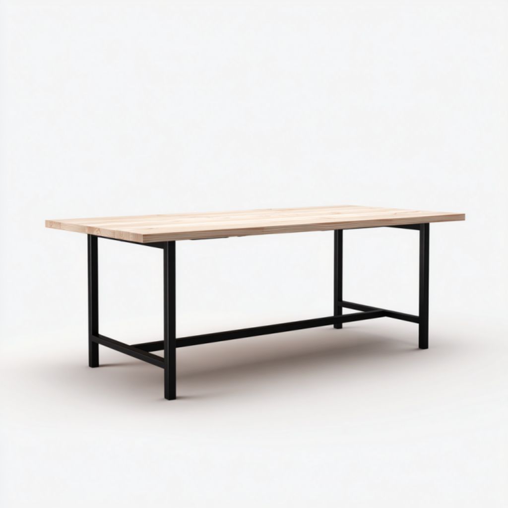Mesa de comedor rectangular con tablero de madera y estructura metálica negra